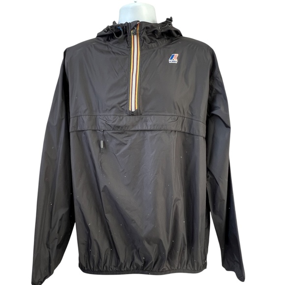 K-Way Jacket Size XXL Black Packable Windbreaker Hooded 1/4 Zipper Waist Bag - Picture 2 of 6